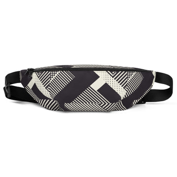 Stylish geometric printed fanny pack in black and cream colors, side view