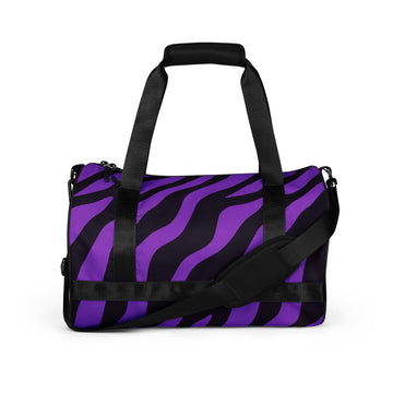 Purple zebra print gym bag with black straps, designed for workouts