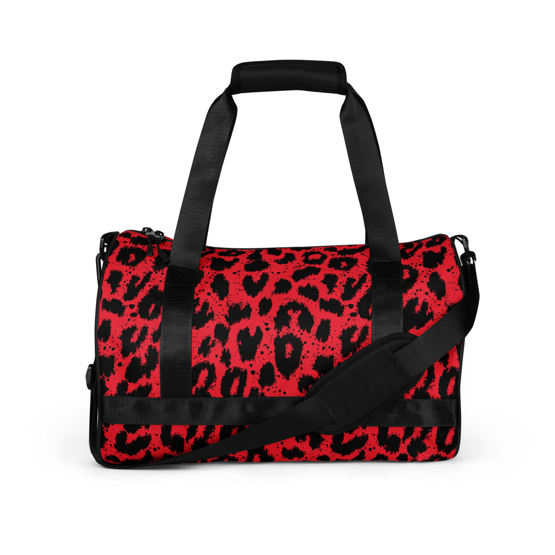 Bold leopard print gym bag in red and black, featuring dual padded handles and a crossbody strap.