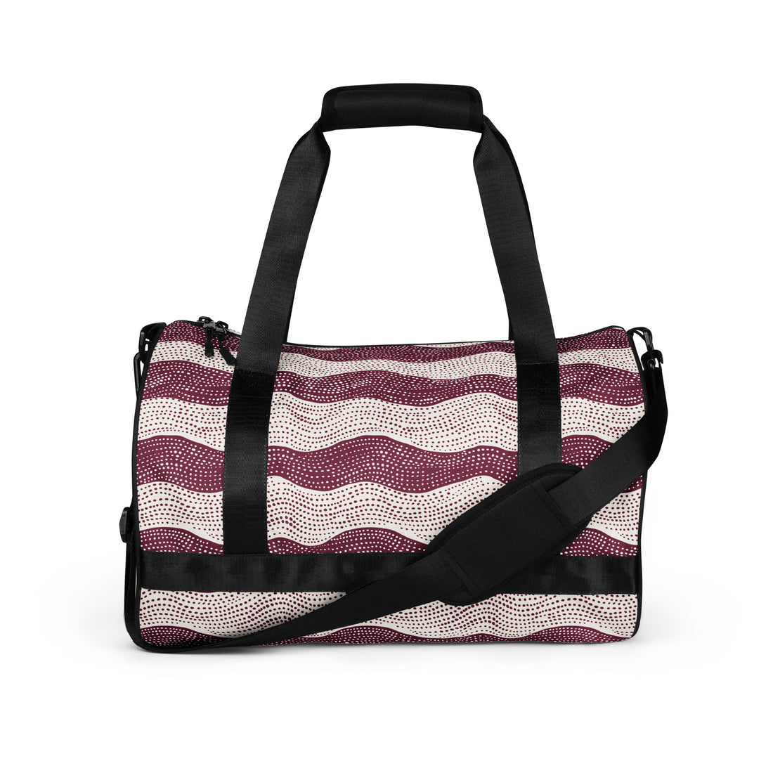 Wavy pattern gym bag in maroon and cream with dual padded handles and adjustable strap.