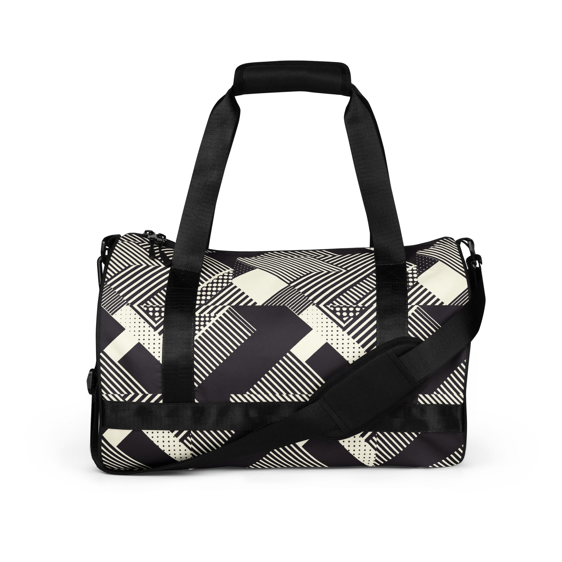 Geometric print gym bag with dual padded handles and shoulder strap in black and cream colors.