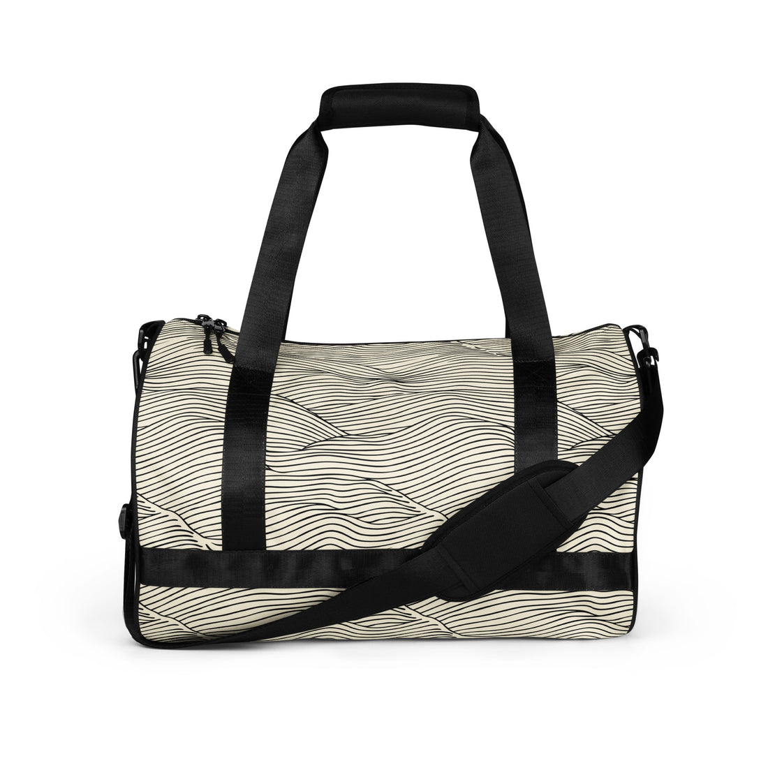 Stylish water-resistant gym bag featuring a modern wave design with dual padded handles and adjustable strap.