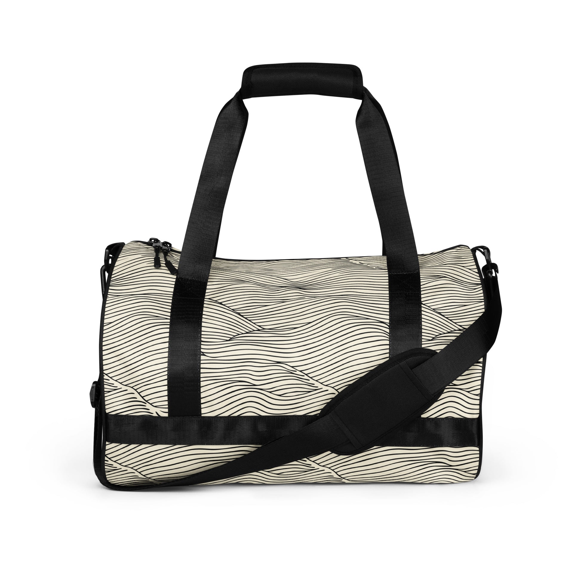 Stylish water-resistant gym bag featuring a modern wave design with dual padded handles and adjustable strap.