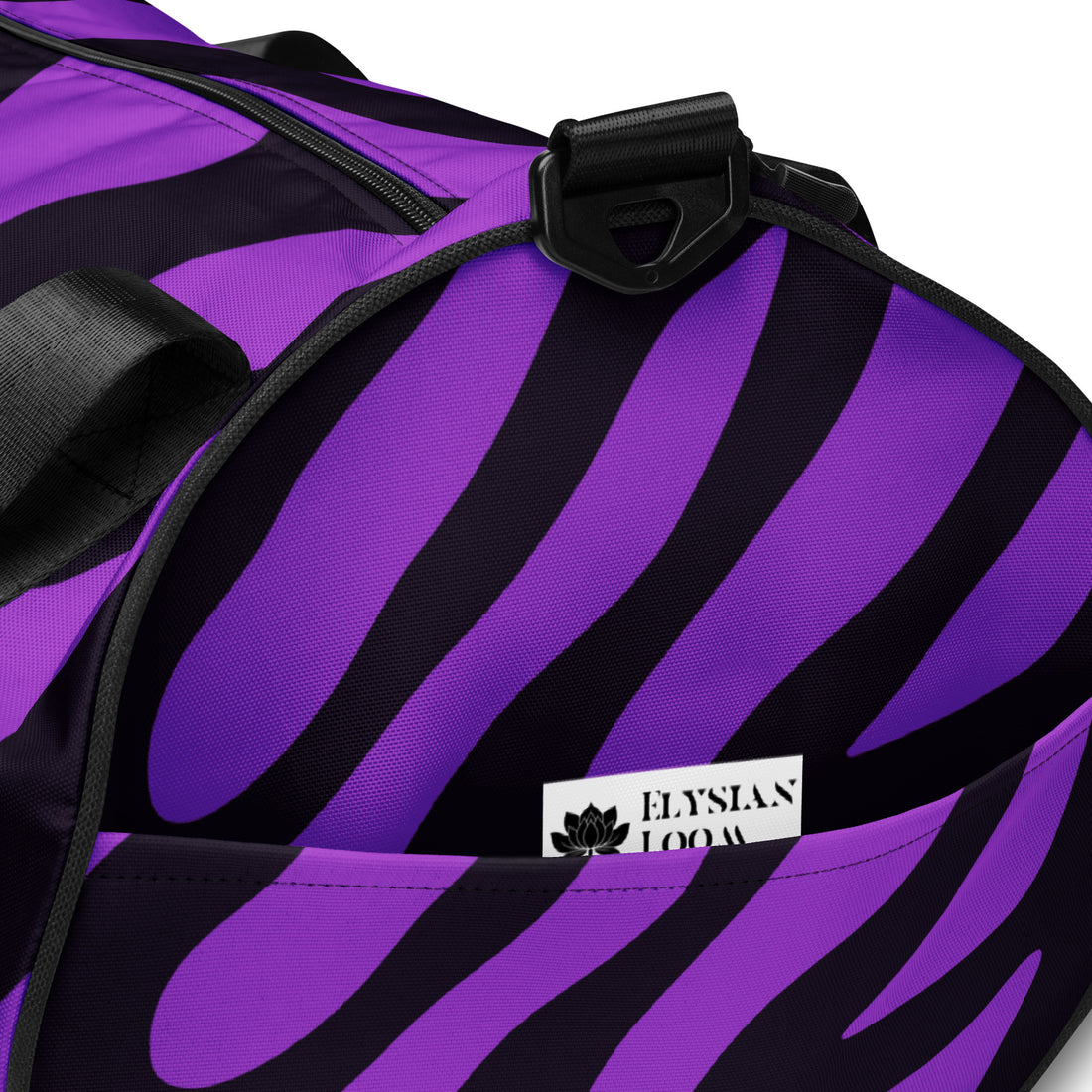 Purple zebra print gym bag with black straps, designed for workouts