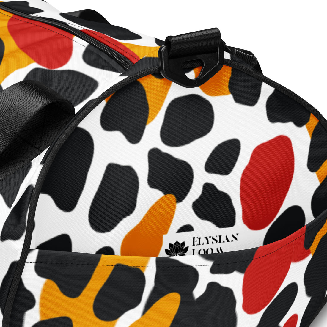 Bold print gym bag featuring vibrant colors in a playful design.