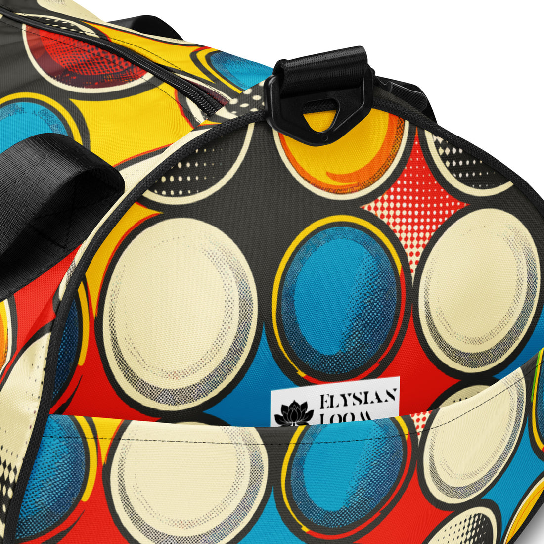 Vibrant circle print gym bag featuring a colorful design with red, yellow, blue, and black circles against a black background.