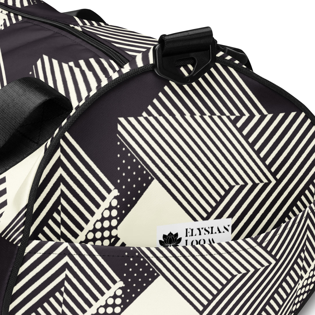 Geometric print gym bag with dual padded handles and shoulder strap in black and cream colors.