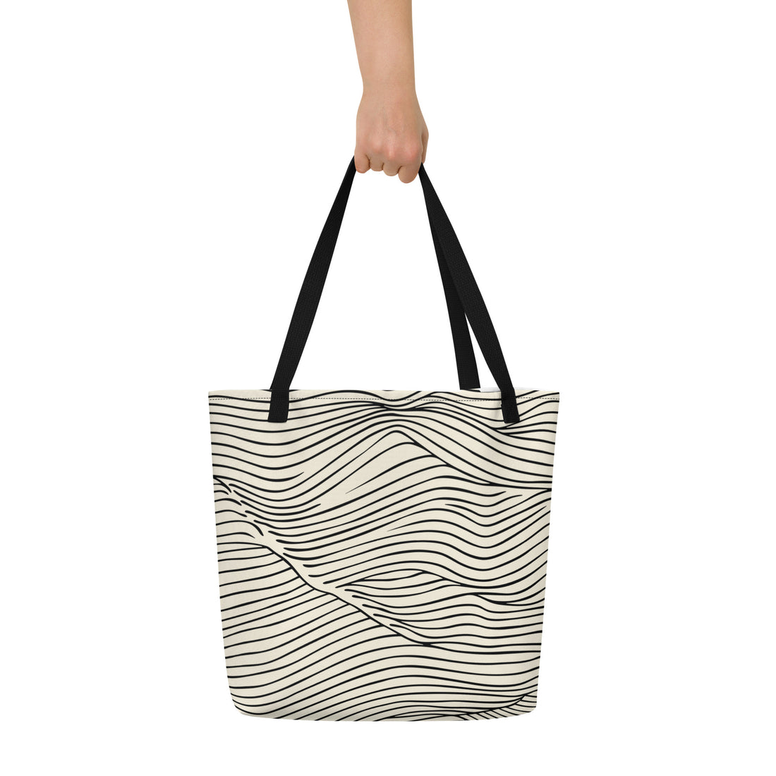 Large tote bag featuring a stylish wavy line pattern in black on a cream background.