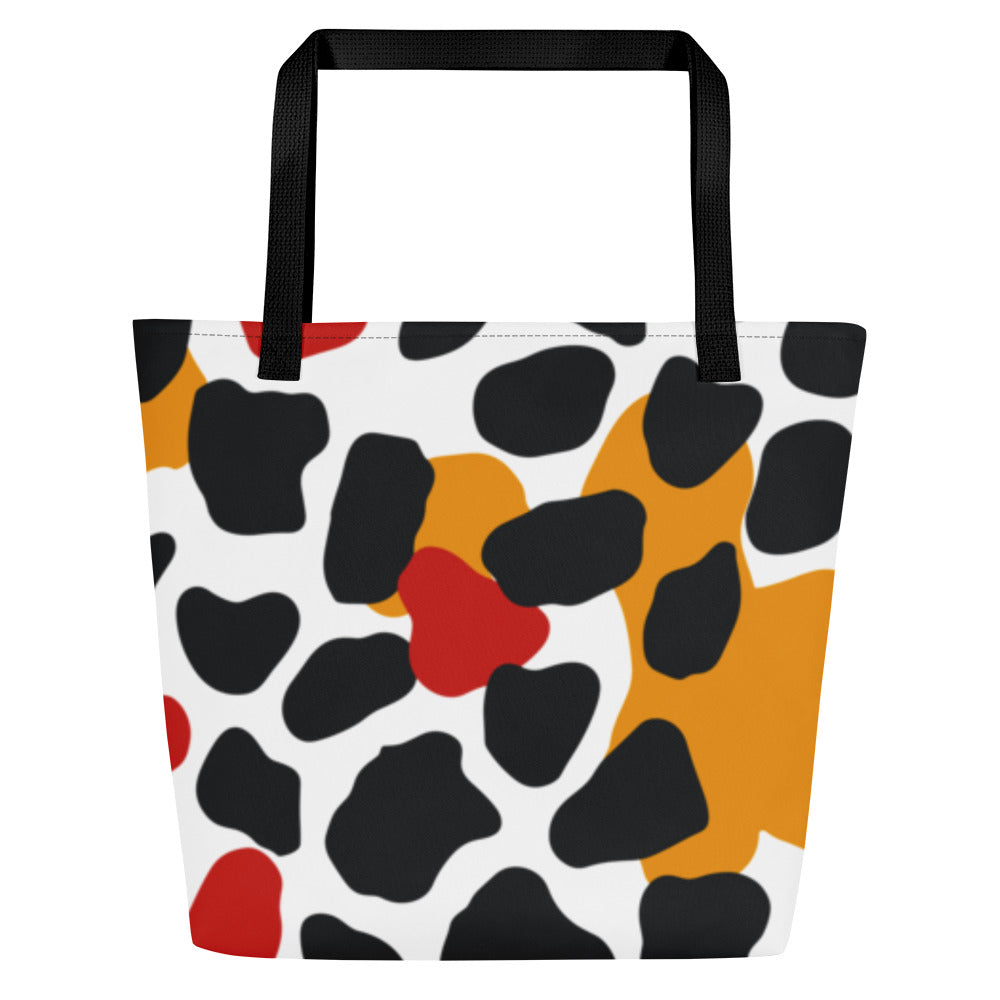 Vibrant abstract pattern large tote bag featuring bold colors including black, orange, red, and white, ideal for beach outings.