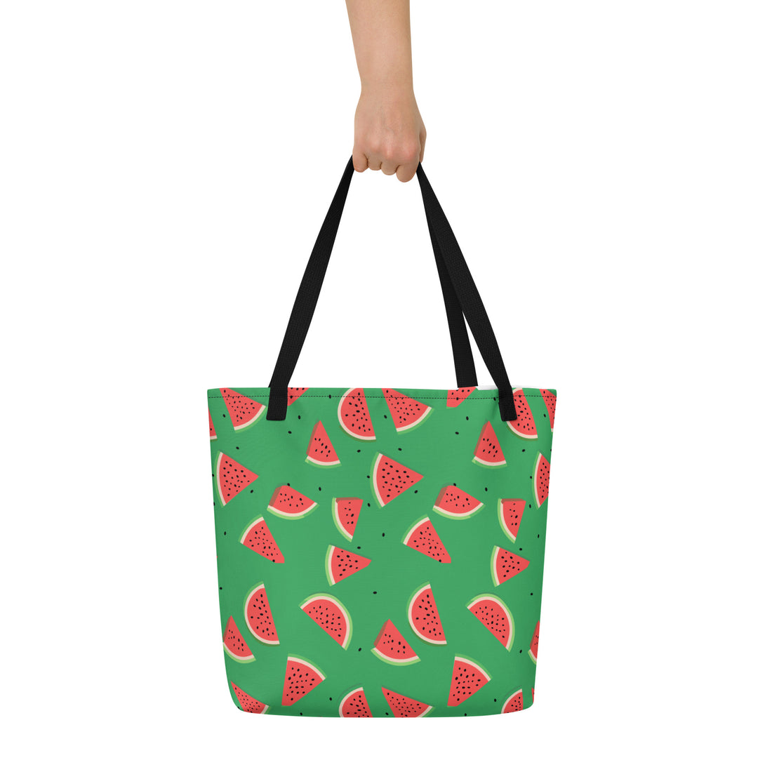 Large tote bag featuring a vibrant watermelon print on a green background.