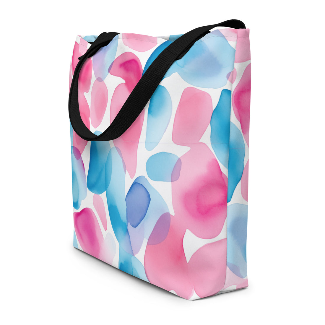 Watercolor Waves Tote Bag in soft pink and blue hues with black handles