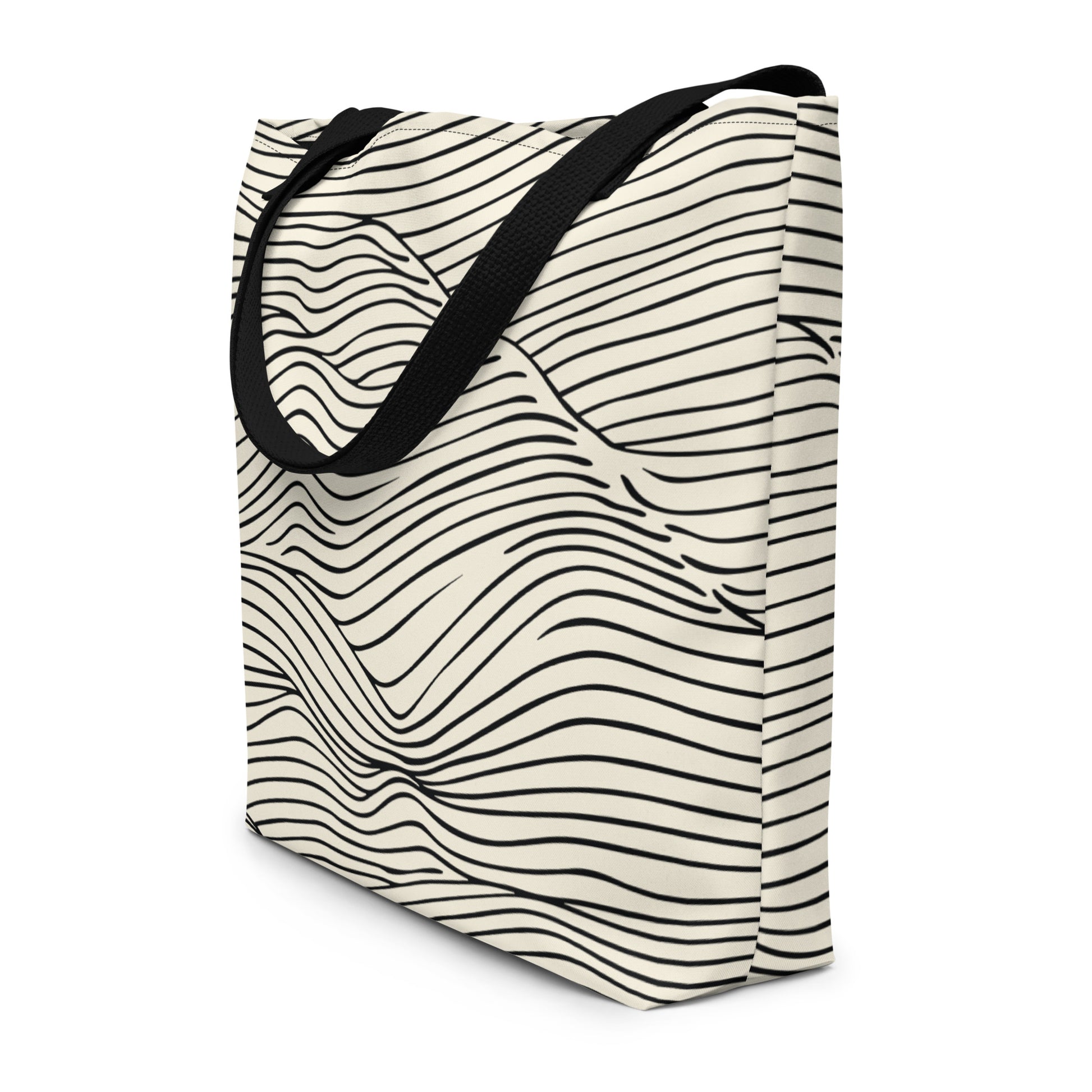 Large tote bag featuring a stylish wavy line pattern in black on a cream background.