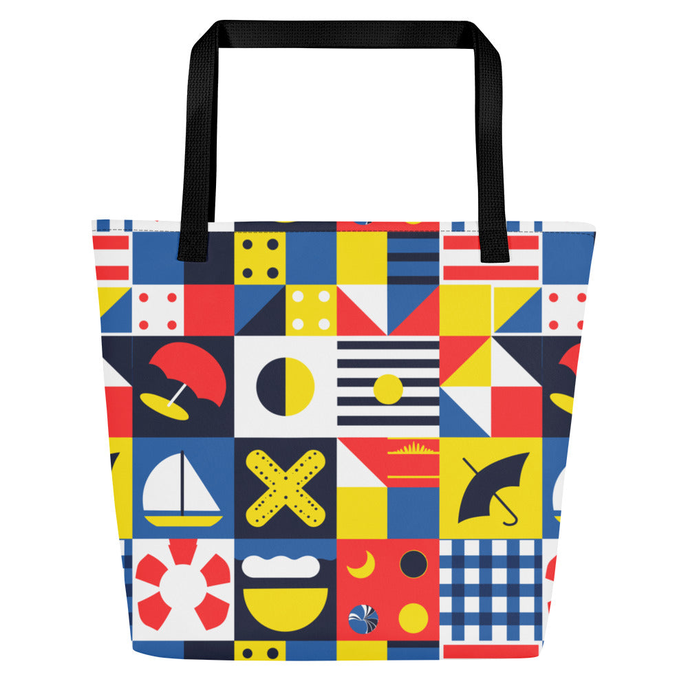 Vibrant geometric large tote bag with colorful patterns of umbrellas, boats, and more.