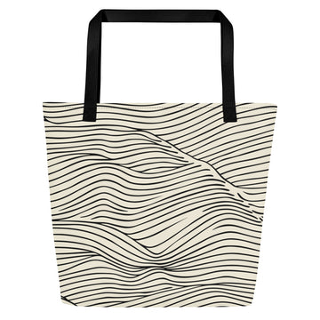 Wavy Line Pattern Large Tote Bag in beige with black wave designs.