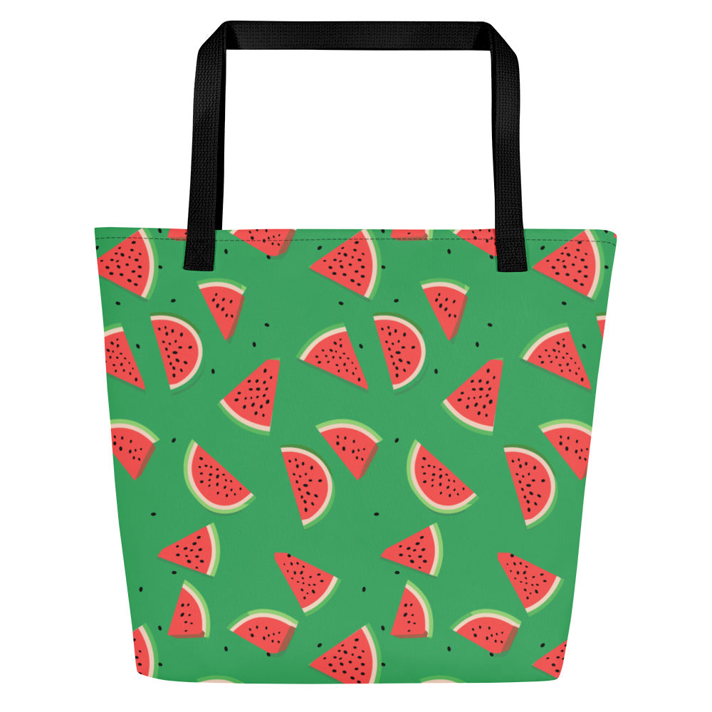 Large tote bag featuring a vibrant watermelon print on a green background.