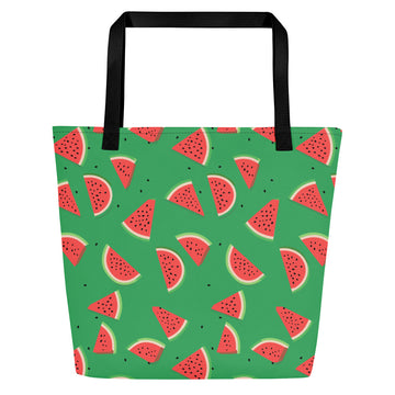 Large tote bag featuring a vibrant watermelon print on a green background.