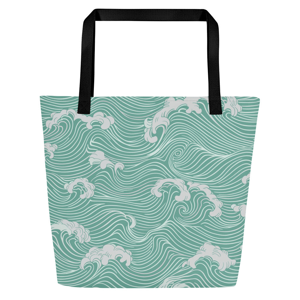 Ocean wave print large tote bag with black handles, perfect for beach outings.