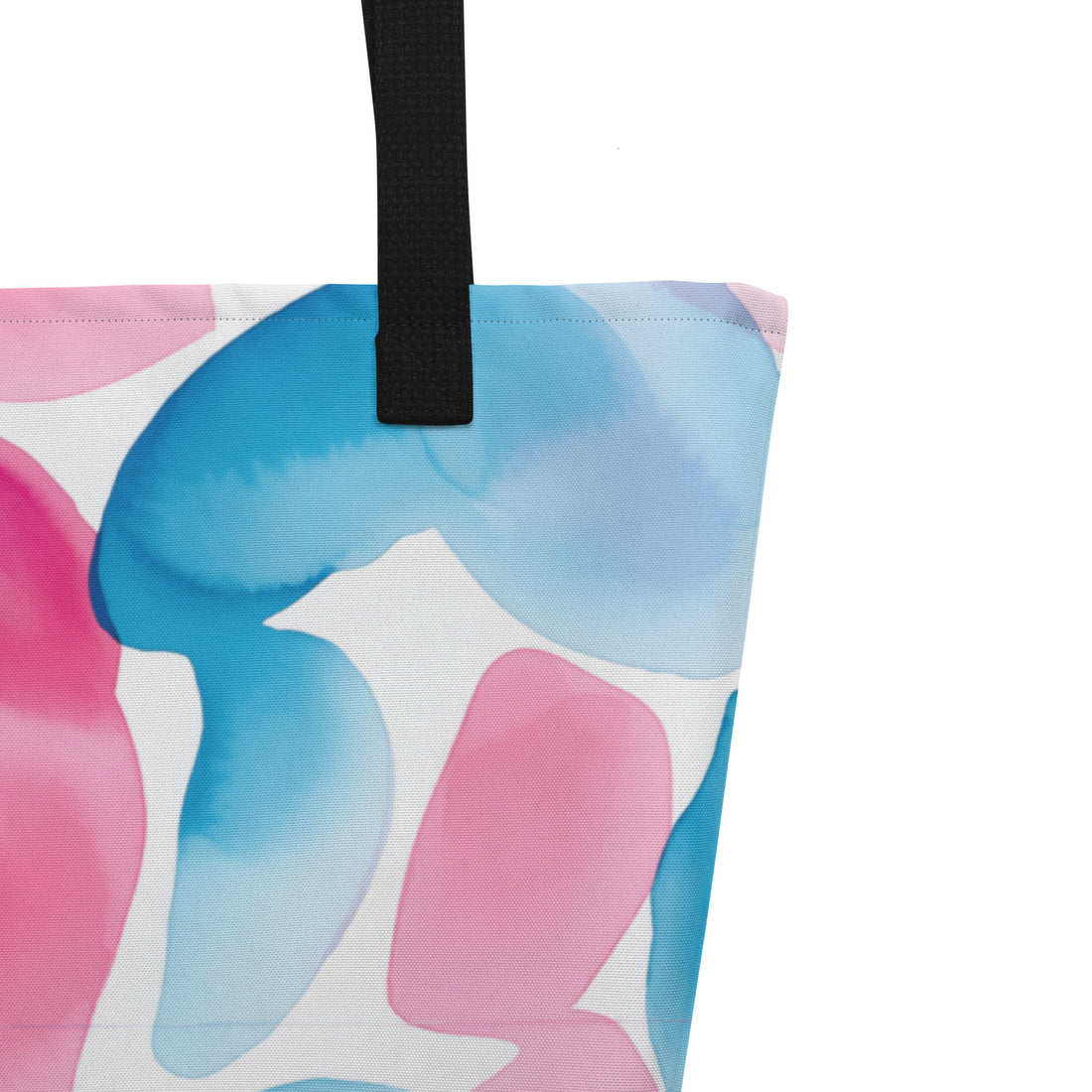 Watercolor Waves Tote Bag in soft pink and blue hues with black handles