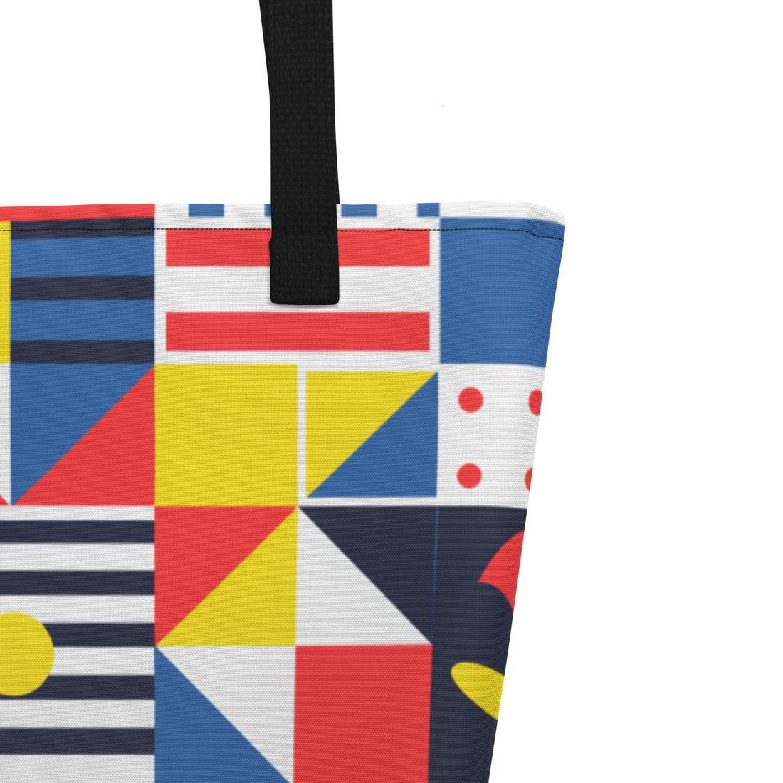 Vibrant geometric large tote bag with colorful patterns of umbrellas, boats, and more.