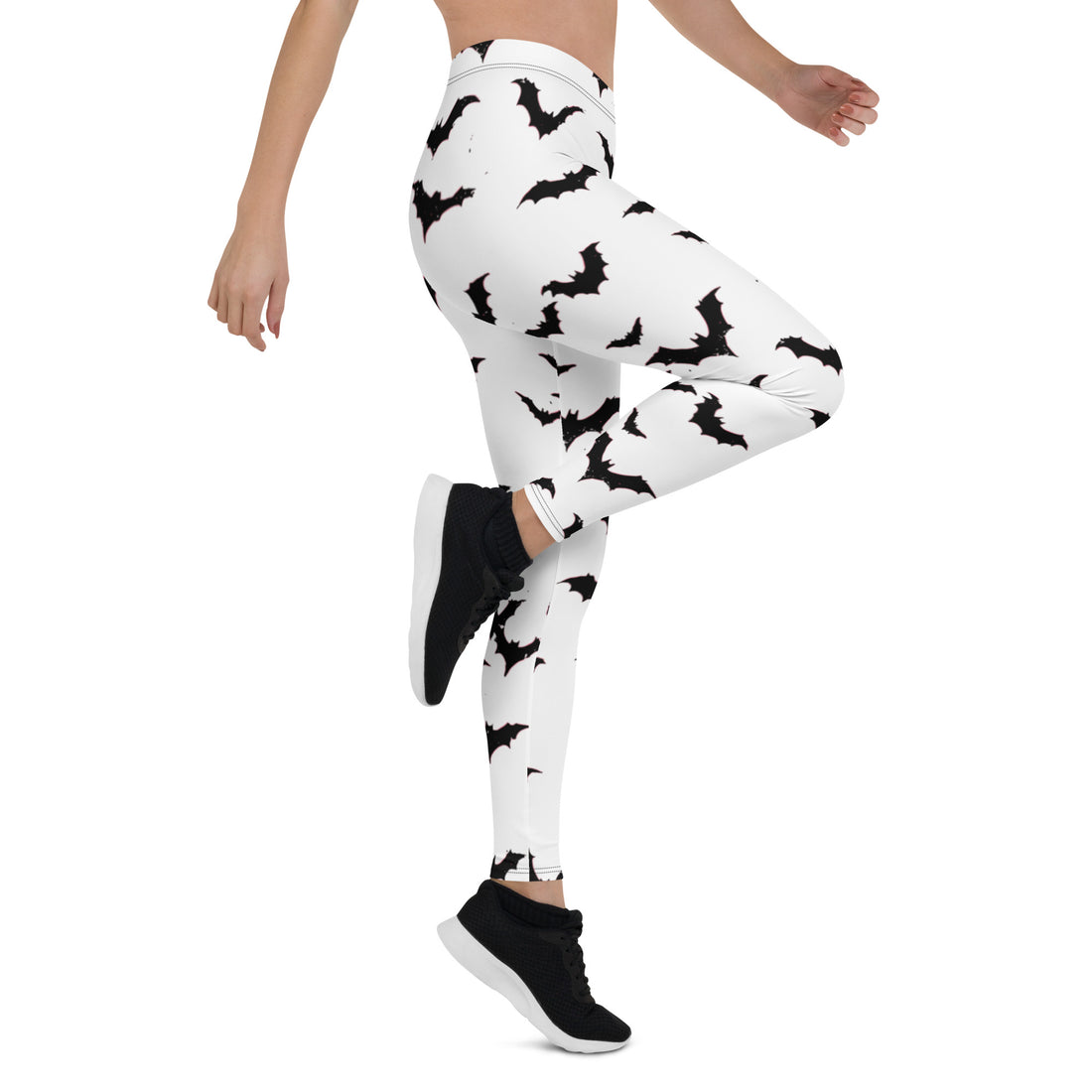 Spooky bat print leggings for women, featuring black bats on a white background, perfect for Halloween