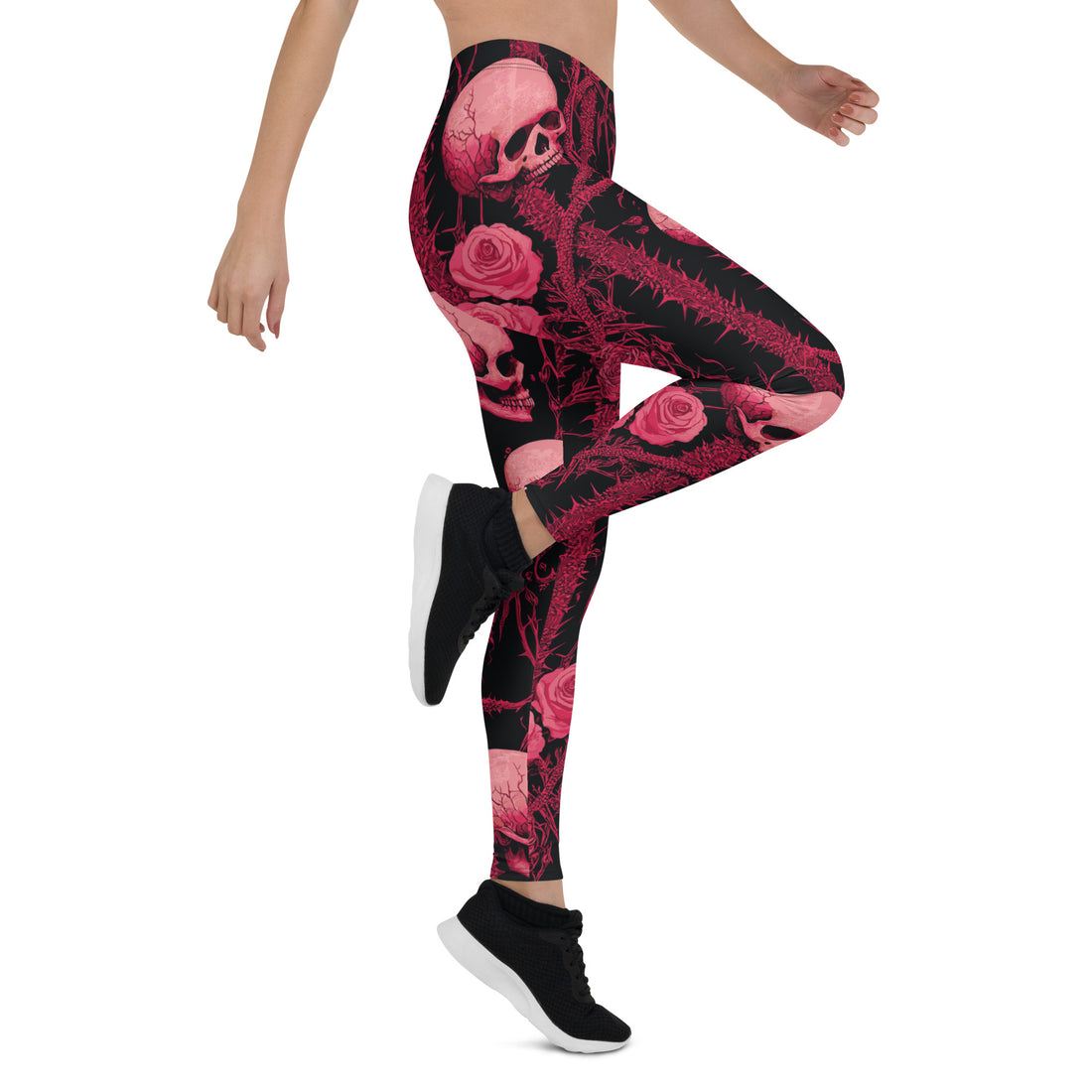 Halloween Skull and Roses Leggings featuring a pink skull and rose design on a dark background, perfect for festive wear.