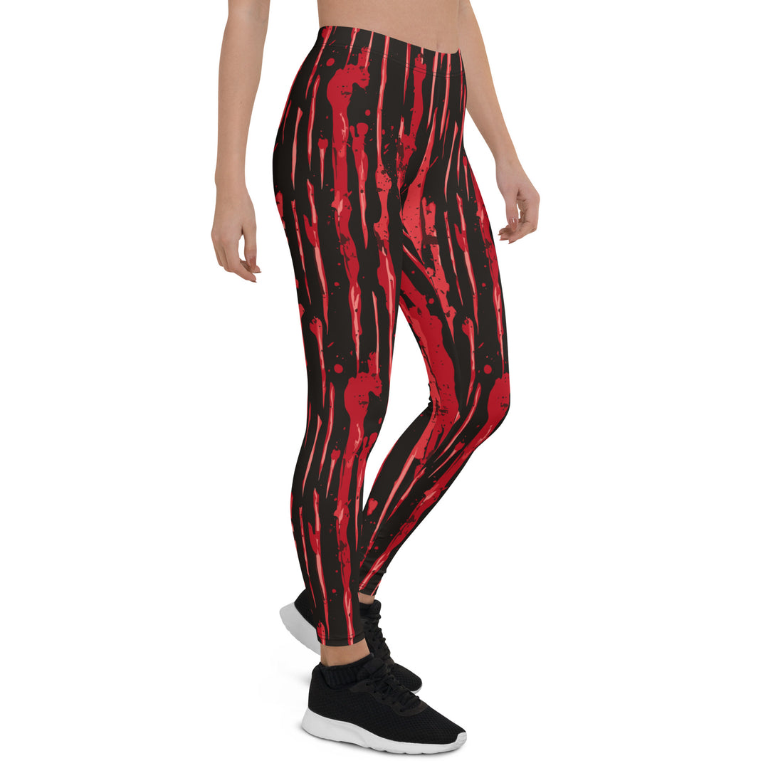 Blood-spattered leggings in red and black, stylish women's fashion, perfect for Halloween.