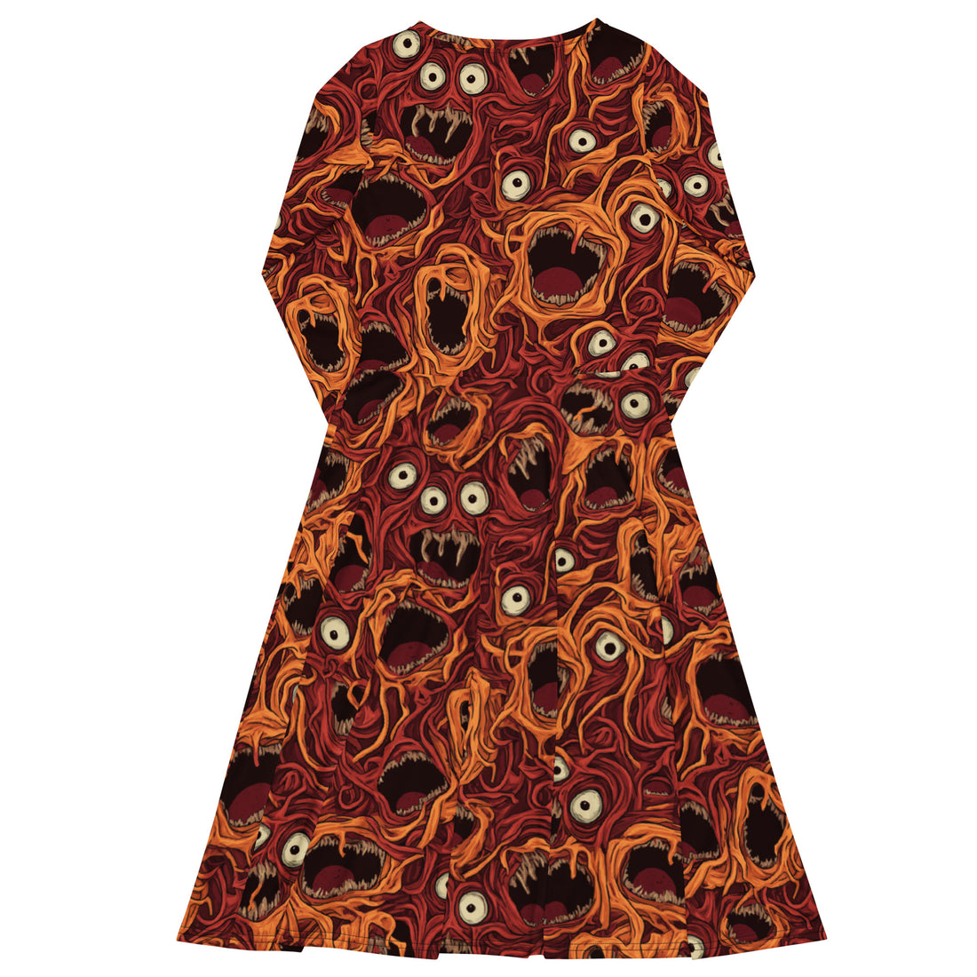 Halloween inspired long sleeve midi dress with monster print and pockets.