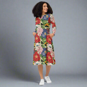 Floral print long sleeve midi dress featuring pockets and vibrant colors.