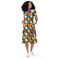 Colorful long sleeve midi dress with polka dot pattern and pockets.