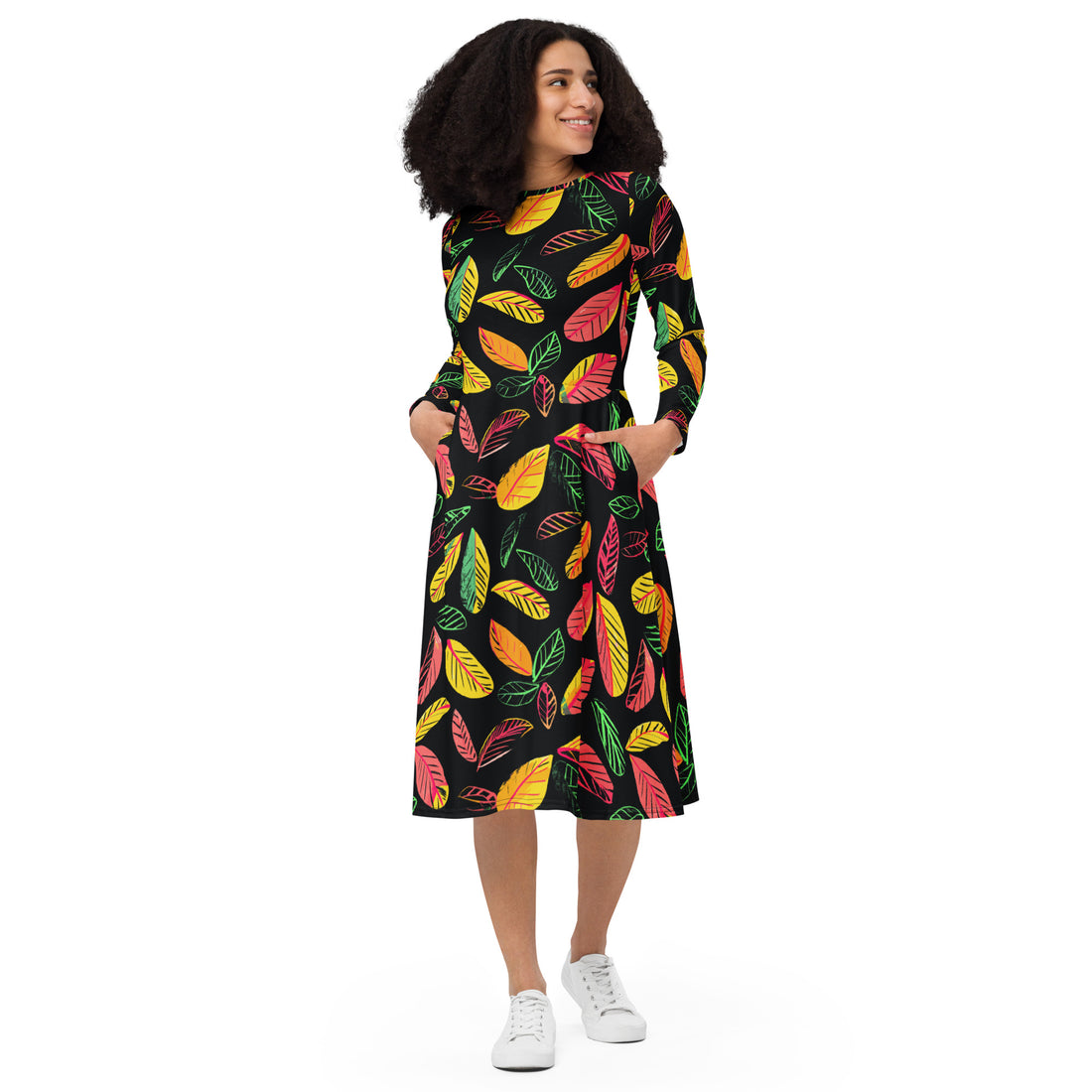 Floral leaf print long sleeve midi dress in vibrant colors with pockets.