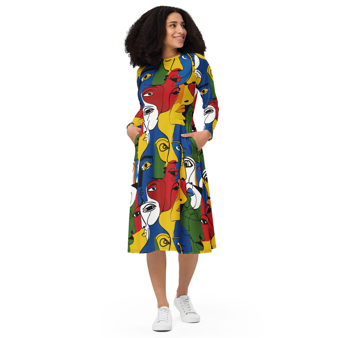 Long sleeve midi dress featuring artistic faces print in vibrant colors with pockets.