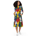 Long sleeve midi dress featuring artistic faces print in vibrant colors with pockets.