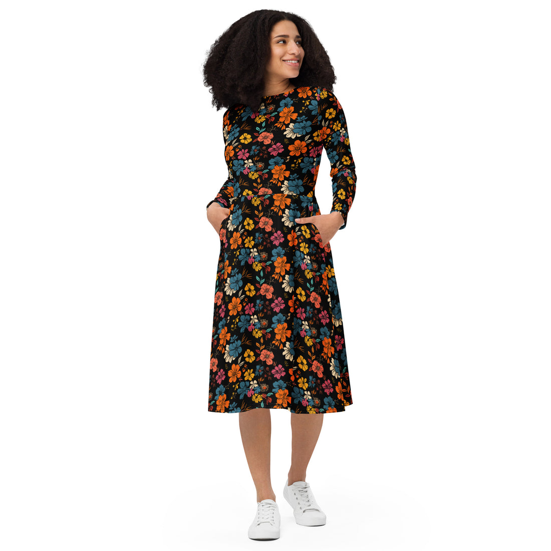 Model showcasing a vibrant black floral long sleeve midi dress with pockets.