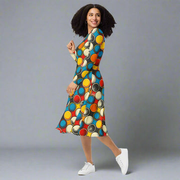 Colorful Polka Dot Midi Dress with Pockets