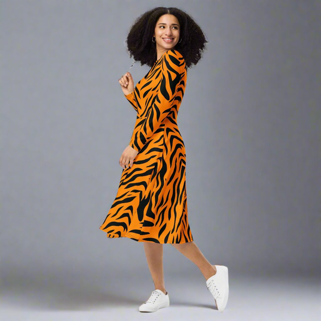 Tiger-Print Long Sleeve Midi Dress with Pockets