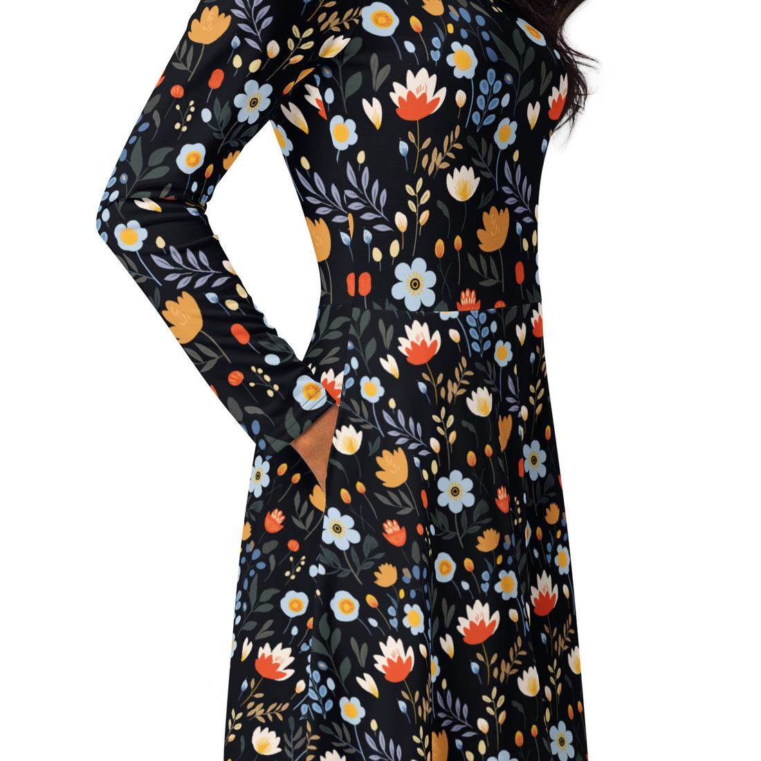 Elegant floral print long sleeve midi dress with pockets on a model against a gray background.