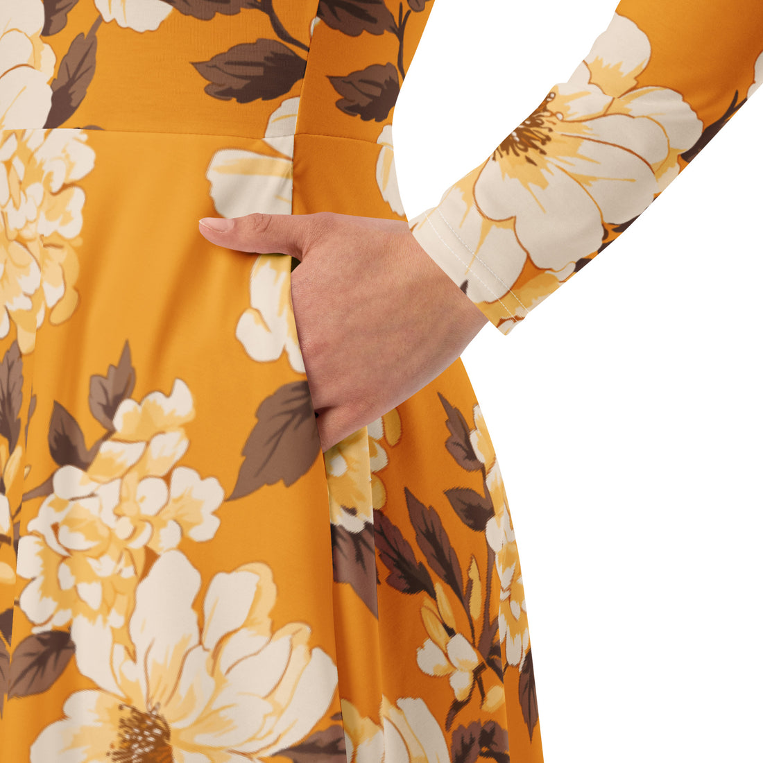 Floral midi dress in yellow with long sleeves and pockets on model.