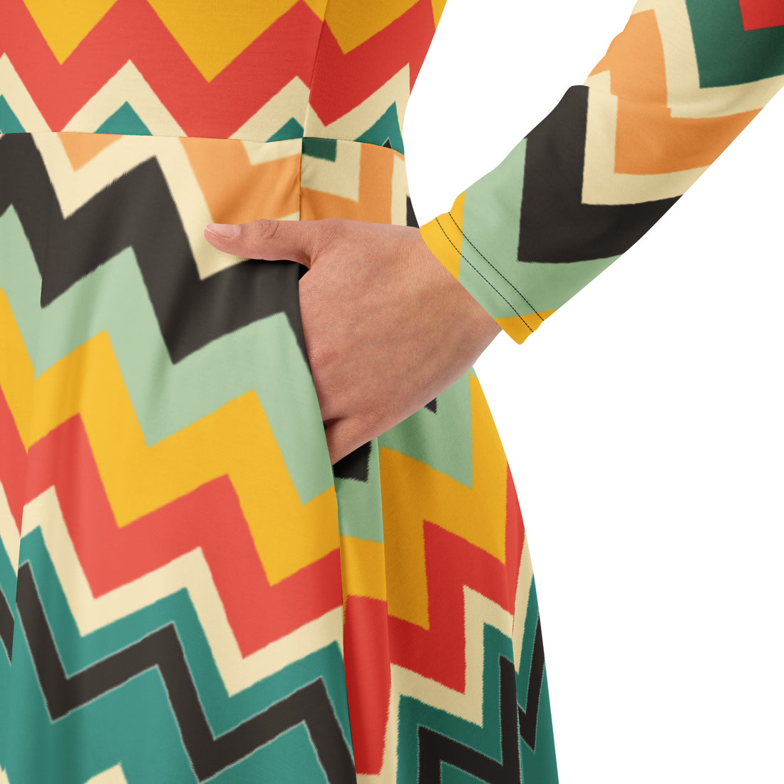 Vibrant chevron long sleeve midi dress with pockets, featuring bold colors and stylish pattern.