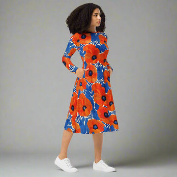 Vibrant Floral Midi Dress with Pockets & Flared Bottom