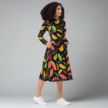 Floral Leaf Print Long Sleeve Midi Dress with Pockets