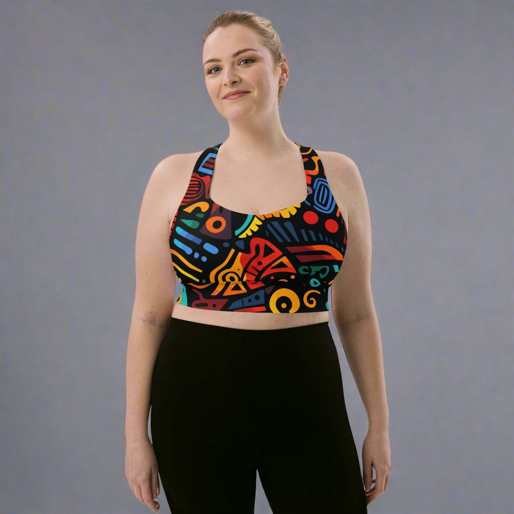 Vibrant longline sports bra featuring a colorful abstract design, perfect for workouts or casual wear.