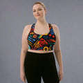 Vibrant longline sports bra featuring a colorful abstract design, perfect for workouts or casual wear.