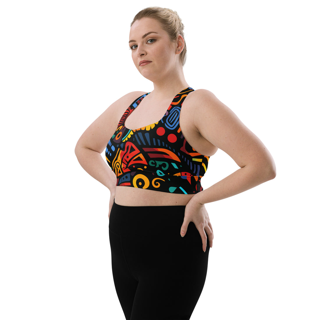 Vibrant longline sports bra featuring a colorful abstract design, perfect for workouts or casual wear.