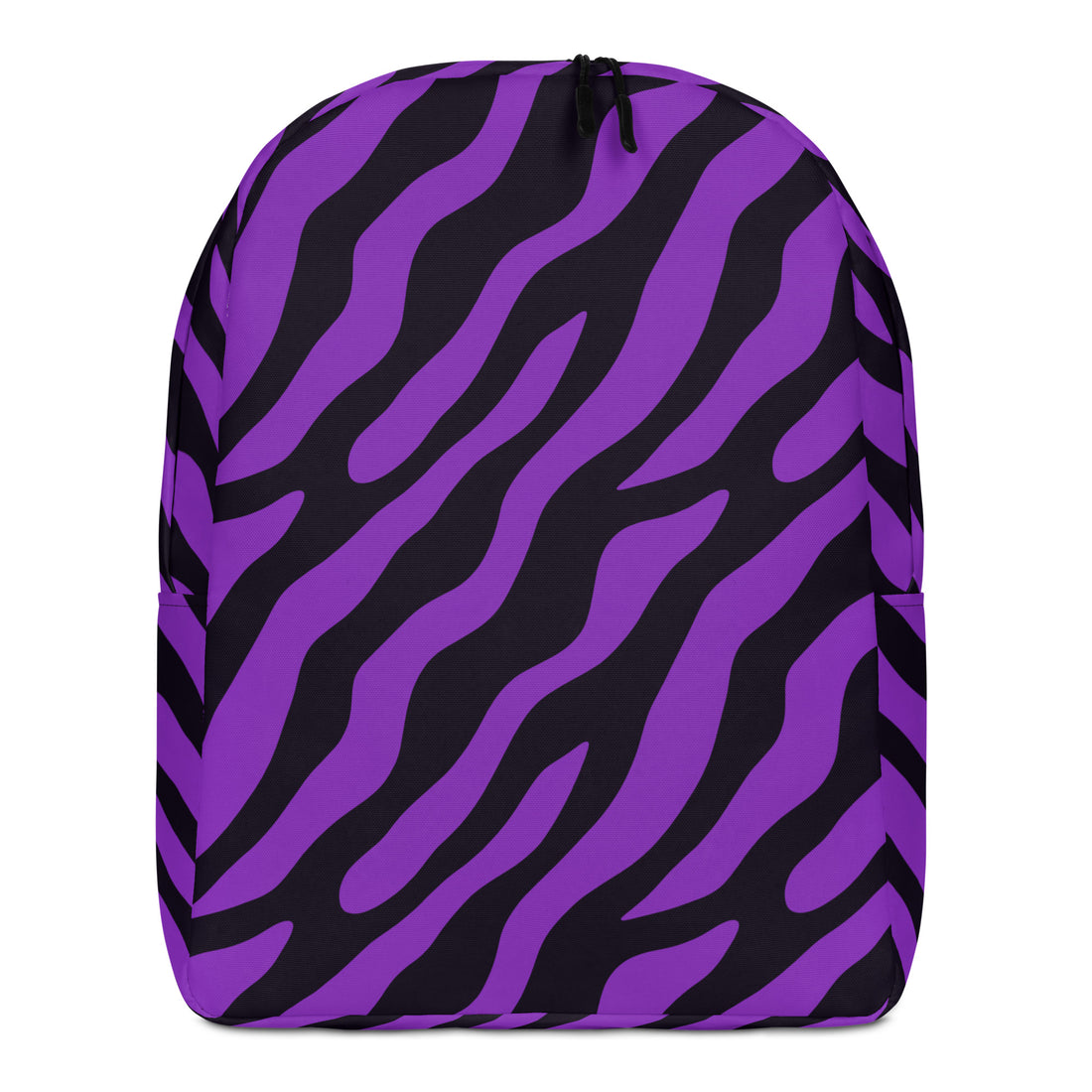 Stylish backpack featuring a bold purple zebra print design on a black background.