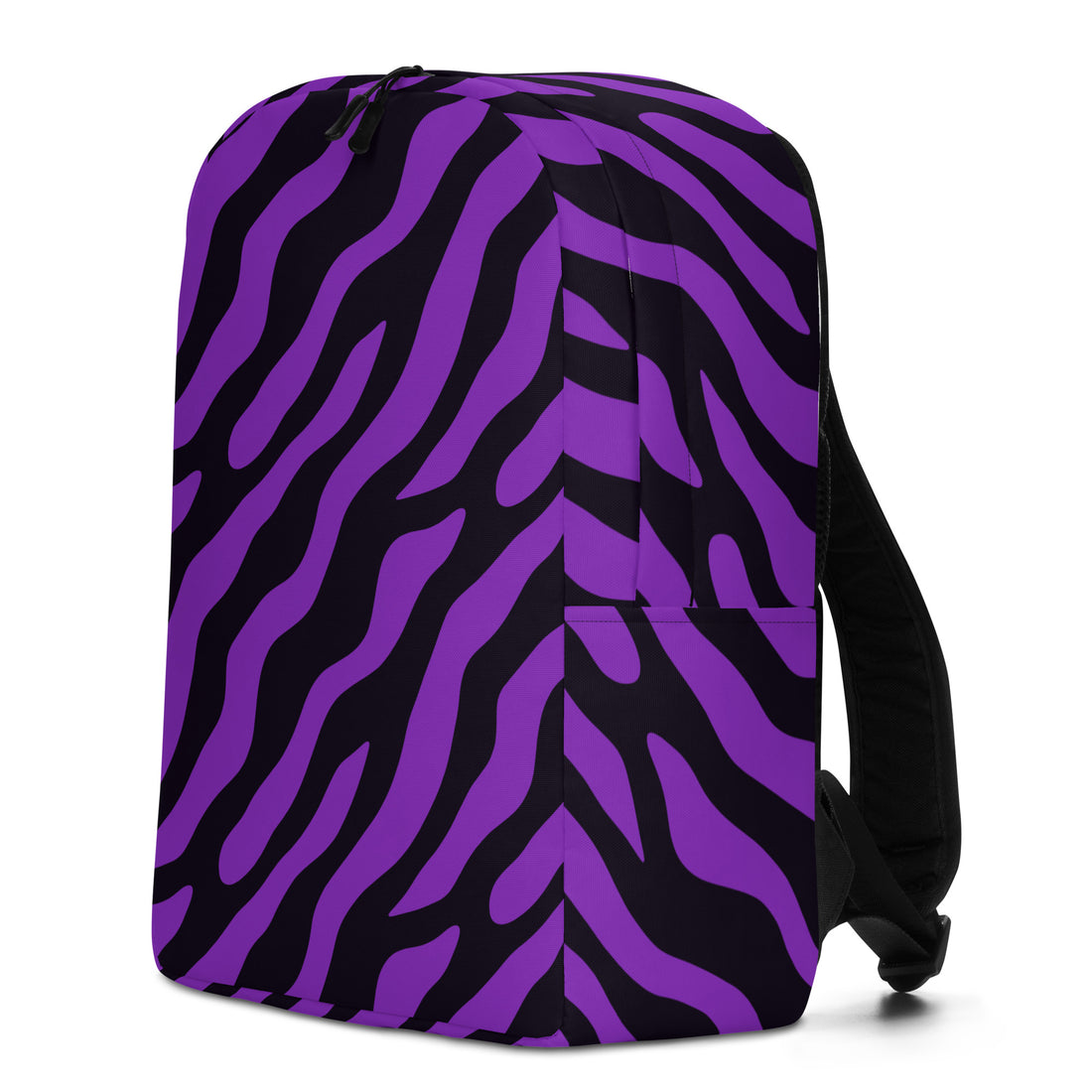 Stylish backpack featuring a bold purple zebra print design on a black background.