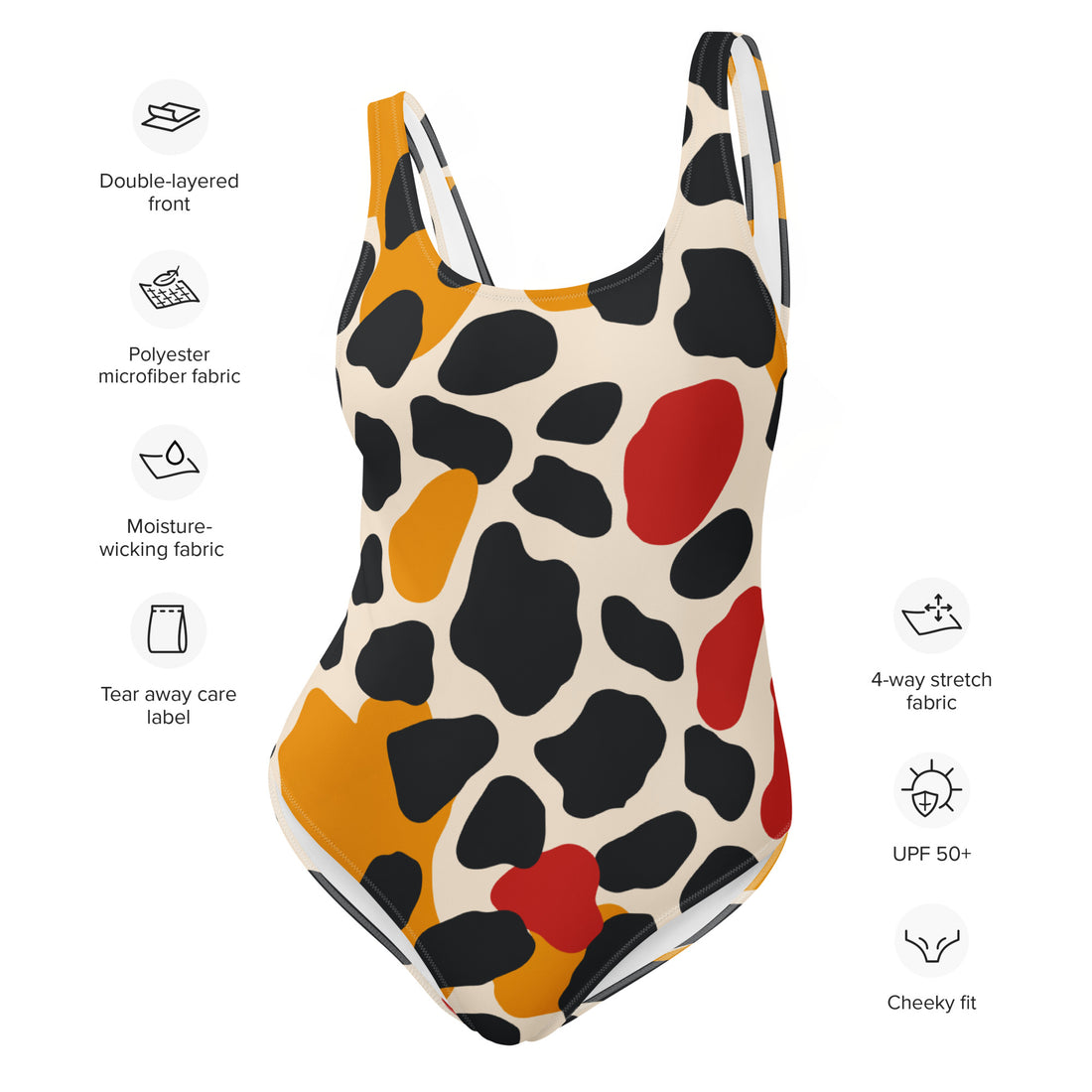 Trendy abstract print one-piece swimsuit featuring bold colors and a flattering design.