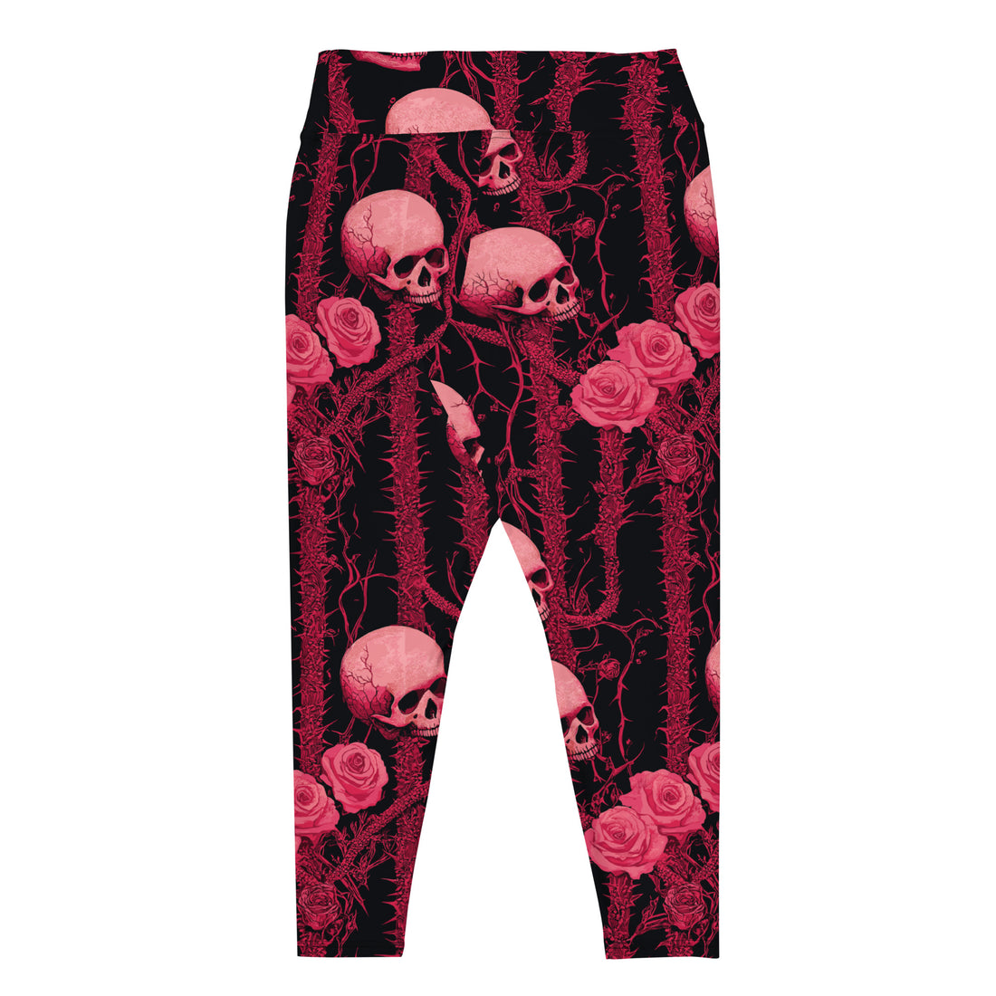 Spooky Skull Floral Plus Size Leggings featuring pink skulls and floral design on a black background.