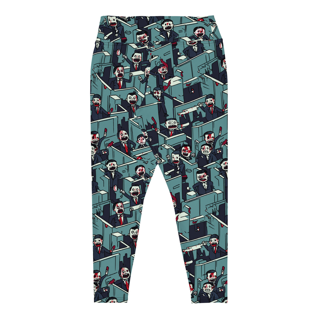 Plus size leggings with Halloween characters design featuring ghosts, skeletons, and playful motifs in blue and green colors.