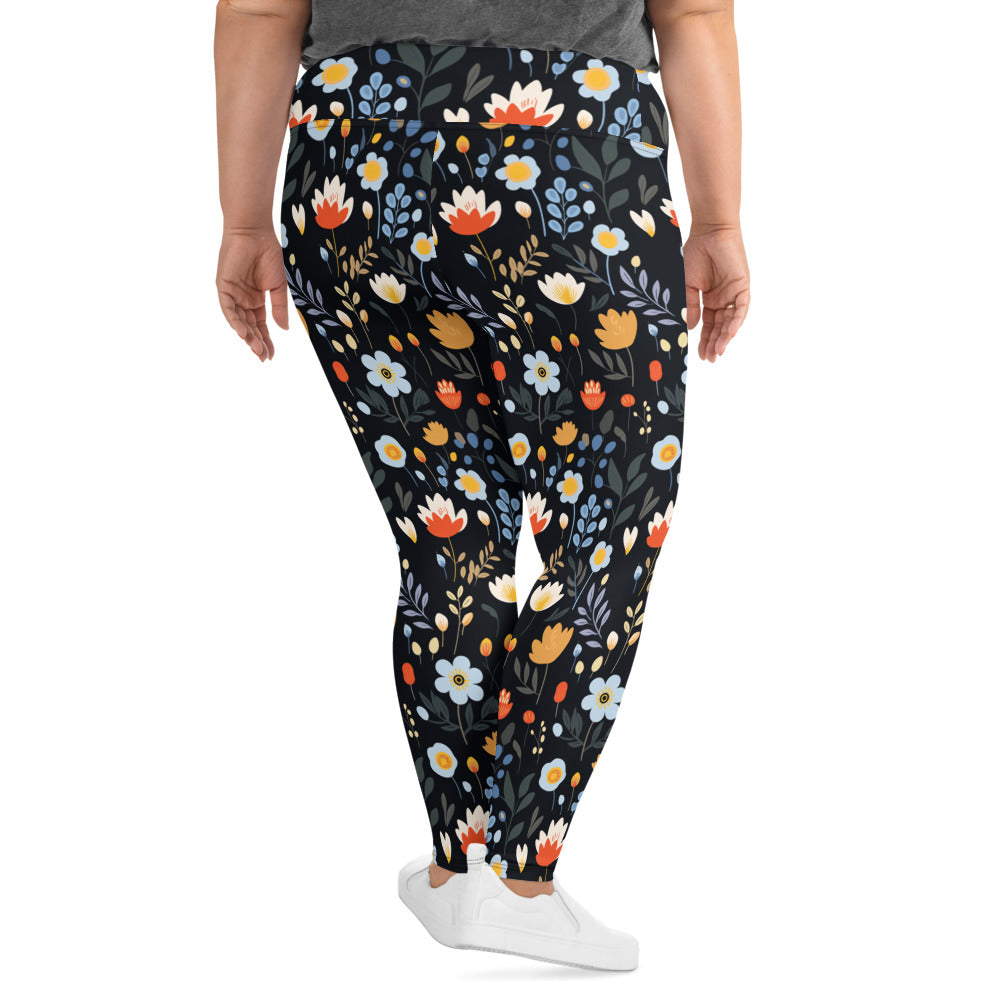 Plus size leggings with vibrant red, orange, and blue floral design on a black background, perfect for winter fashion.