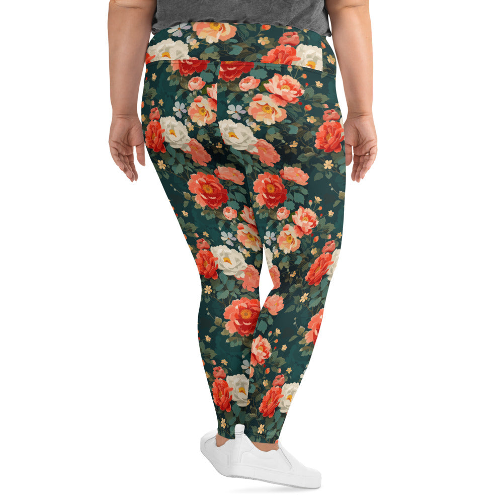 Plus size leggings with a vibrant floral print of roses in red, pink, and white against a deep green background.